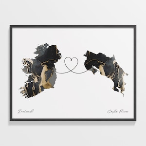 Ireland to Costa Rica Print, Costa Rican Gift, Marble Two Countries Map Poster, Travel Art, Gap Year Map, C22-1037