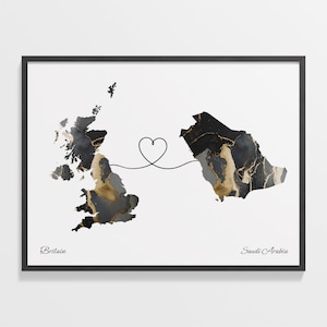 Großbritannien nach Saudi-Arabien Print, Saudi-Arabien Geschenk, Marmor zwei Länder Karte Poster, UK Wandkunst, internationale Liebe, C22-357