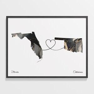 Print Florida naar Oklahoma, cadeau Oklahoman, marmer twee landen kaart poster, reiskunst, vrijwilligerswerk, C22-1335