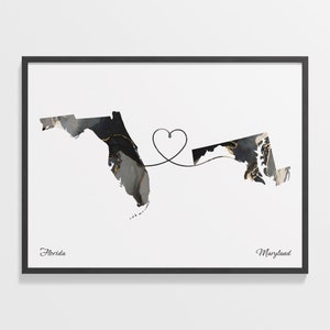 Print Florida naar Maryland, Marylander cadeau, marmer twee landen kaart poster, reiskunst, expatkaart, C22-1319