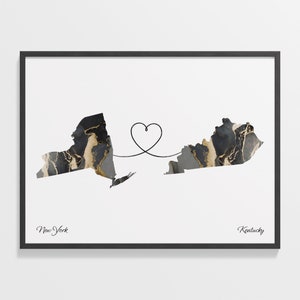 New York to Kentucky Print, Kentucky Geschenk, Marmor zwei Länder Karte Poster, Reisekunst, Umzug nach Übersee, C22-1368