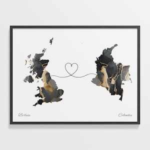 Großbritannien 2 Kolumbien Druck, kolumbianische Geschenk, Marmor Zwei Länder Karte Poster, UK Wandkunst, Auf Wiedersehen Geschenk, C22-238