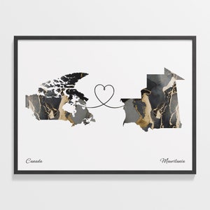 Canada to Mauritania Print, Martinican Gift, Marble Two Countries Map Poster, Travel Art, Travel Map, C22-713