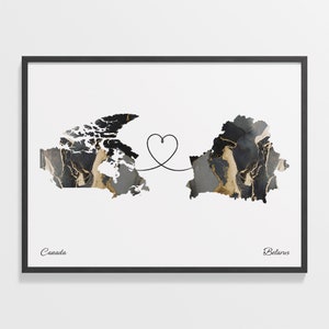 Impression du Canada vers la Biélorussie, cadeau biélorusse, affiche de carte de deux pays en marbre, oeuvre d'art de voyage, cadeau de voyage, C22-613