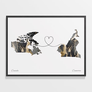 Impression du Canada au Cameroun, cadeau camerounais, affiche de carte de deux pays en marbre, art du voyage, cadeau LDR, C22-628