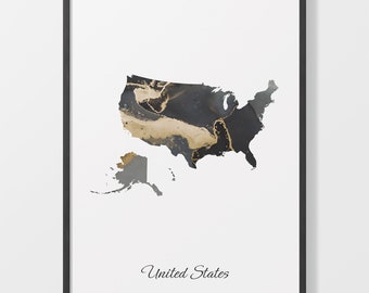 United States Map Art Print: Black and Gold Abstract US Poster