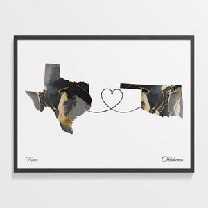 Texas nach Oklahoma Druck, Oklahoma Geschenk, Marmor Zwei Länder Karte Poster, Reisekunst, randlose Liebeskarte, C22-1283