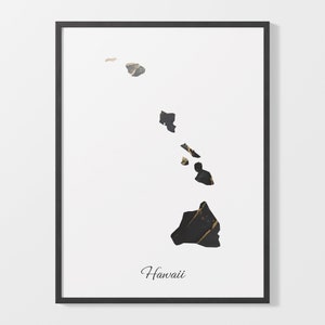 Hawaii Art Print, Hawaiian Map Poster, Elegant Country Artwork, Black and Gold HI Painting, Black and gold decor, C25-211