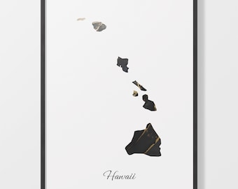 Hawaii Map Art Print: Black and Gold Abstract HI Poster