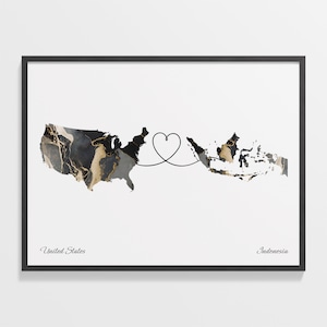 USA / Indonesien Druck, Indonesische Geschenk, Marmor Zwei Länder Karte Poster, US Wandkunst, Bewegliche Überseekarte, C22-83