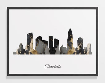 Charlotte Skyline Print, Marble Cityscape, United States Wall Art Poster, Marble Cityscape, Skyline Canvas Art, C28-112
