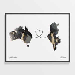 Australia to Tunisia Print, Trinidadian Gift, Marble Two Countries Map Poster, Travel Art, Expatriate Gift, C22-979