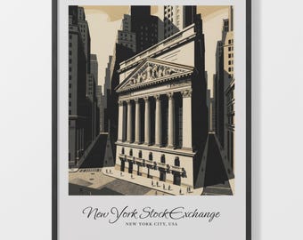 Stock Exchange Art Poster, Black Beige New York City Illustration, 200 gsm Matte Paper