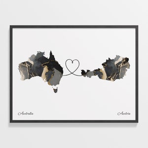 Australia to Austria Print, Australian Gift, Marble Two Countries Map Poster, Travel Art, New Home Gift, C22-805