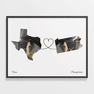 Texas to Pennsylvania Druck, Pennsylvania Geschenk, Marmor Zwei Länder Karte Poster, Reisekunst, Länder Herz Geschenk, C22-1285