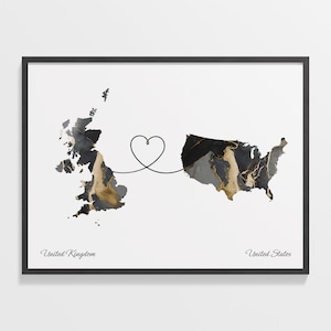United Kingdom to United States Print, American Gift, Marble Two Countries Map Poster, Travel Art, LDR Gift, C22-1717
