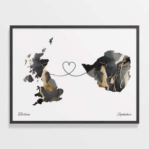 Großbritannien zu Simbabwe Druck, Simbabwe Geschenk, Marmor Zwei Länder Karte Poster, Wandkunst UK, Faraway Love Karte, C22-398