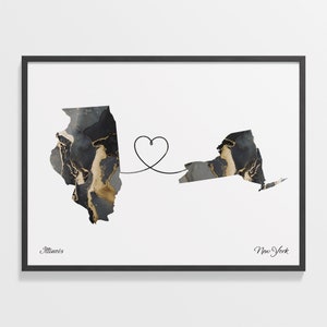 Impression de l'Illinois à New York, cadeau New Yorker, affiche de carte de deux pays en marbre, art du voyage, cadeau d'amour à l'étranger, C22-1489
