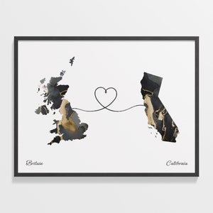 Britain to California Print, kalifornisches Geschenk, Marmor zwei Länder Karte Poster, Reisekunst, Zuhause im Ausland, C22-1733