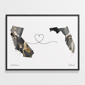 Californië naar Florida print, Florida cadeau, marmer twee landen kaart poster, reiskunst, nieuw land cadeau, C22-1204
