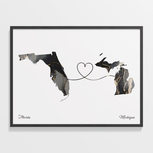 Print Florida naar Michigan, Michigander cadeau, marmer twee landen kaart poster, reiskunst, LDR cadeau, C22-1321