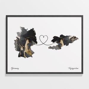 Germany to Kyrgyzstan Print, Kuwaiti Gift, Marble Two Countries Map Poster, Travel Art, Faraway Love Gift, C22-496