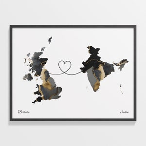 Impresión de Gran Bretaña a la India, regalo indio, cartel de mapa de dos países de mármol, arte de la pared del Reino Unido, mapa en movimiento en el extranjero, C22-281