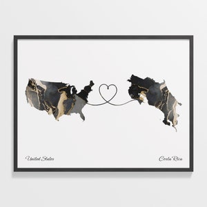 USA to Costa Rica Print, Costa Rican Gift, Marble Two Countries Map Poster, US Wall Art, Live Abroad, C22-42