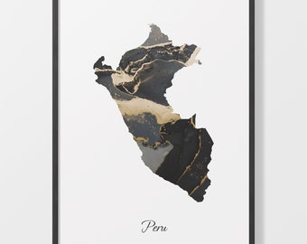 Pode incluir: Um mapa abstrato do Peru em preto e dourado com a palavra "Peru" escrita em preto na parte inferior da imagem.