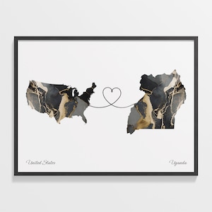 USA to Uganda Print, Ugandan Gift, Marble Two Countries Map Poster, US Wall Art, Expatriate Gift, C22-187