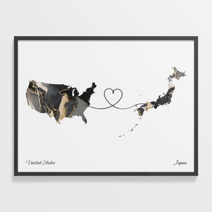 USA Japan Druck, Japanisches Geschenk, Marmor Zwei Länder Karte Poster, US Wandkunst, Globale Liebe Geschenk, C22-91