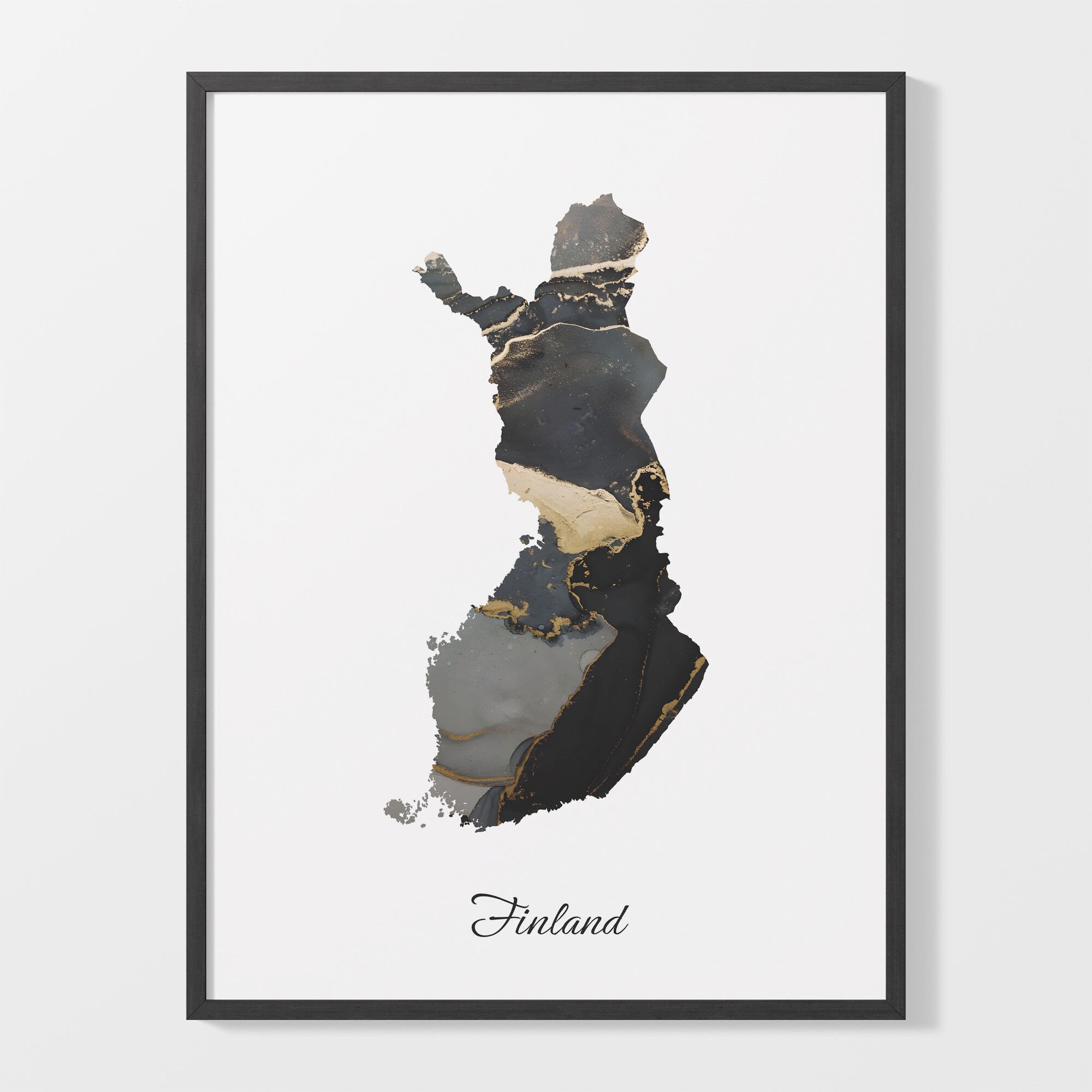 Finland Art Print, Finnish Map Poster, Elegant Country Artwork, Black and Gold FI Painting, Modern luxe decor, C25-60