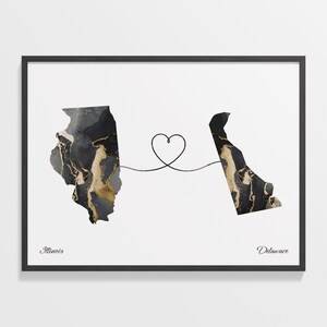 Illinois to Delaware Print, Delawarean Gift, Marble Two Countries Map Poster, Travel Art, Travel Abroad Map, C22-1463
