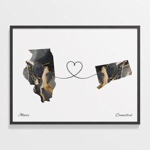 Illinois to Connecticut Print, Connecticuter Gift, Marble Two Countries Map Poster, Travel Art, Travel Abroad, C22-1461