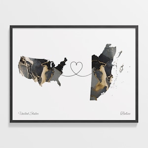 USA to Belize Print, Belizianisches Geschenk, Marmor Zwei Länder Karte Poster, US Wandkunst, Reise, C22-18