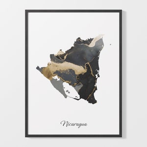 Nicaragua Art Print, Nicaraguan Map Poster, Elegant Country Artwork, Black and Gold NI Painting, Opulent wall art, C25-133