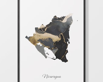 Nicaragua Map Art Print: Black and Gold Abstract Country Artwork
