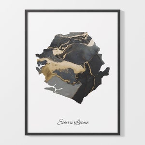 Sierra Leone Art Print, Sierra Leonean Map Poster, Elegant Country Artwork, Black and Gold SL Painting, Bespoke wall art, C25-162