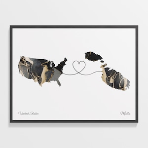USA to Malta Print, Maltese Gift, Marble Two Countries Map Poster, US Wall Art, New Country Gift, C22-115