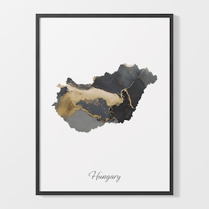 Hungary Art Print, Hungarian Map Poster, Elegant Country Artwork, Black and Gold HU Painting, Bespoke wall art, C25-80
