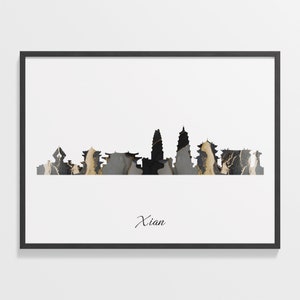 Xian Skyline Print, Marble Cityscape, China Wall Art Poster, Marble Map, Wall Art Living Room, C28-354