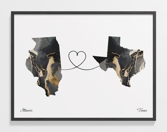 Illinois to Texas Map Print: Marble Two-State Art