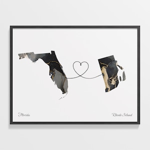 Print Florida naar Rhode Island, Rhode Islander cadeau, marmer twee landen kaart poster, reiskunst, cadeau digitale nomad, C22-1339