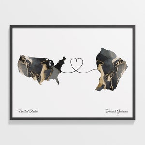 USA Französisch-Guayana Druck, Französisch-Guayana Geschenk, Marmor Zwei Länder Karte Poster, US Wandkunst, Kontinentale Liebe Karte, C22-62