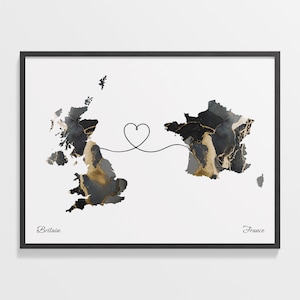 Großbritannien nach Frankreich Druck, französisches Geschenk, Marmor Zwei Länder Karte Poster, UK Wandkunst, Kontinentale Liebe Karte, C22-260