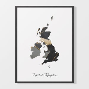 United Kingdom Art Print, British Map Poster, Elegant Country Artwork, Black and Gold GB Painting, Majestic wall decor, C25-190