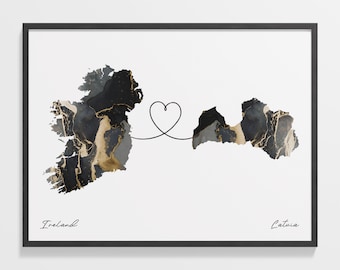 Ireland Latvia Map Print: Marble Two Countries Travel Art