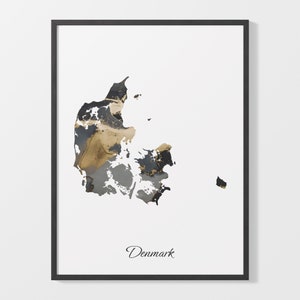 Dänemark Kunst Druck, Dänische Karte Poster, Elegantes Land Poster, Schwarz und Gold DK Malerei, Schwarz und Gold Dekor, C25-47