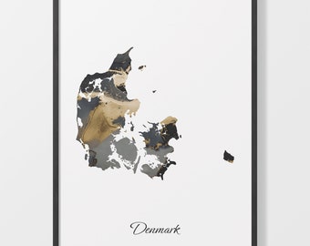 Denmark Map Art Print: Black and Gold Danish Decor