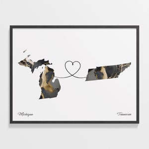 Michigan to Tennessee Print, Tennessean Gift, Marble Two Countries Map Poster, Travel Art, Emigration Map, C22-1706